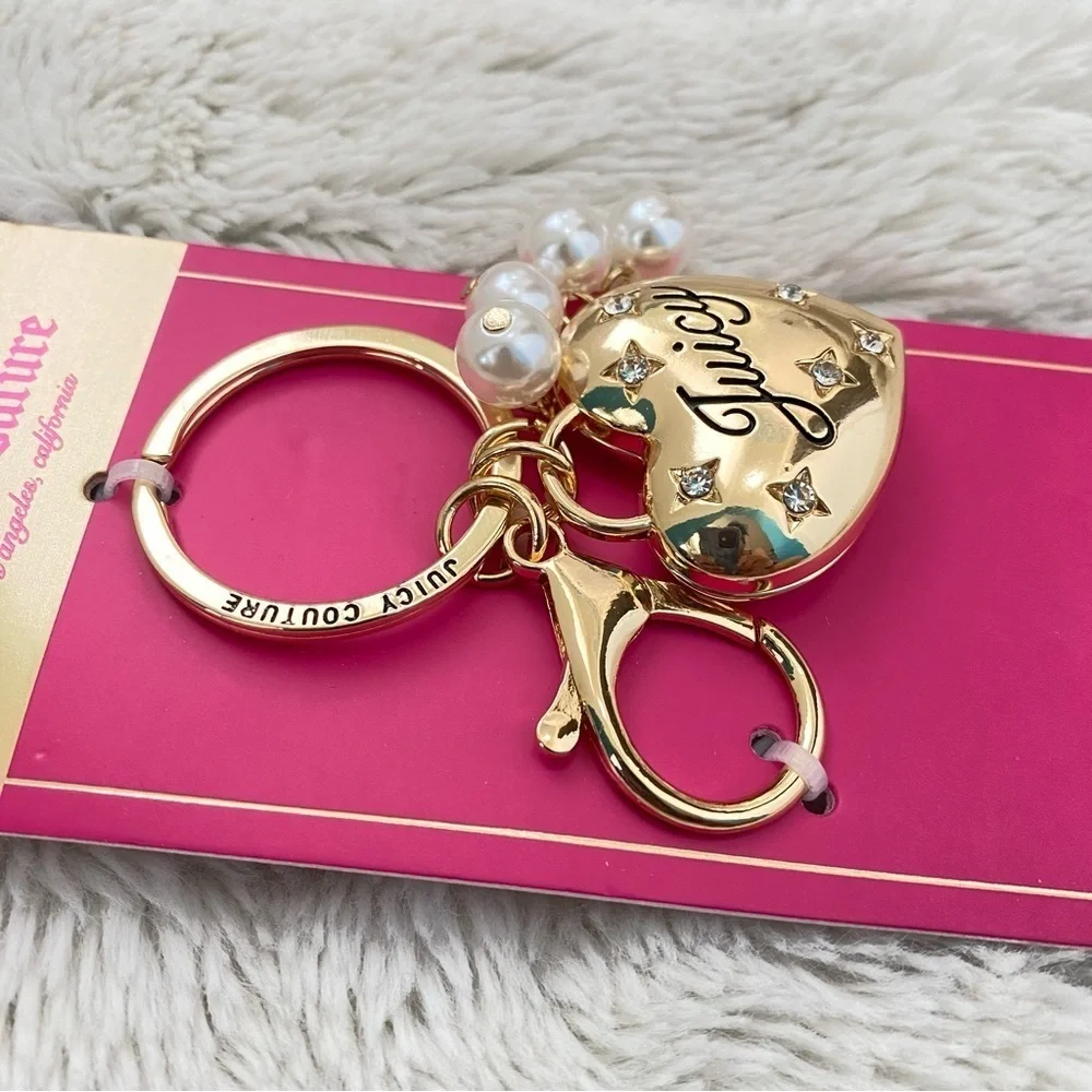 Juicy Couture Gold Heart Purse Keychain with Pearl Charms New